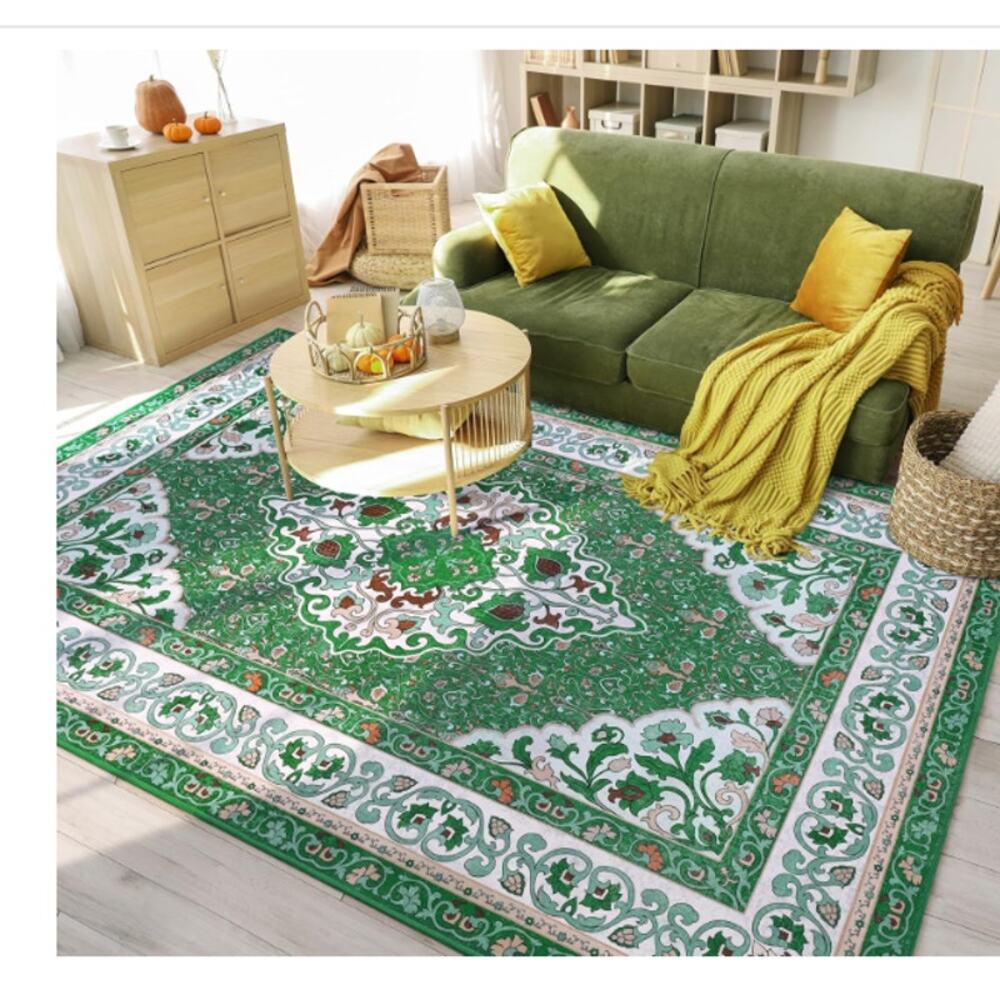 5x8 Area Rugs for Living Room, Machine Washable Low-Pile Carpet, GREEN